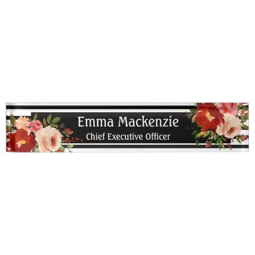 Floral Flowers Black and White  Desk Name Plate