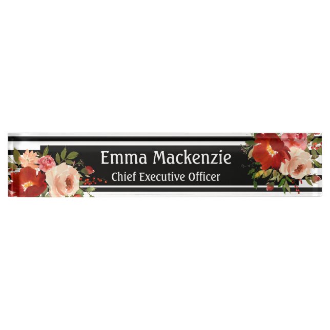 Floral Flowers Black and White  Desk Name Plate (Front)