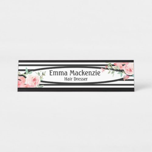 Floral Flowers Black and White Office Desk Sign
