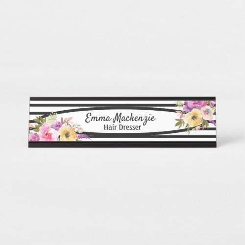 Floral Flowers Black and White Office Desk Sign