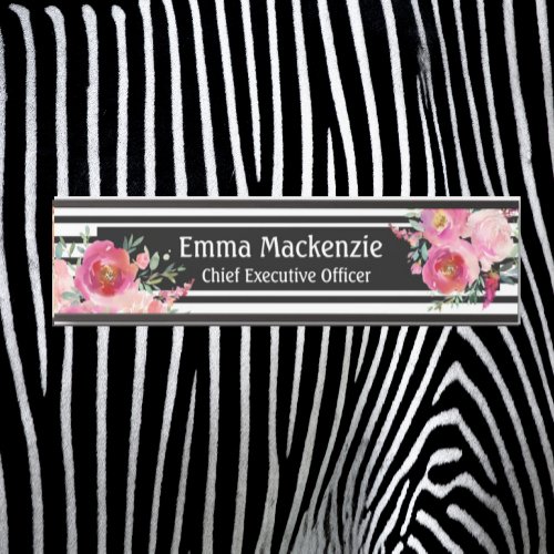 Floral Flowers Black and White Office Door Sign