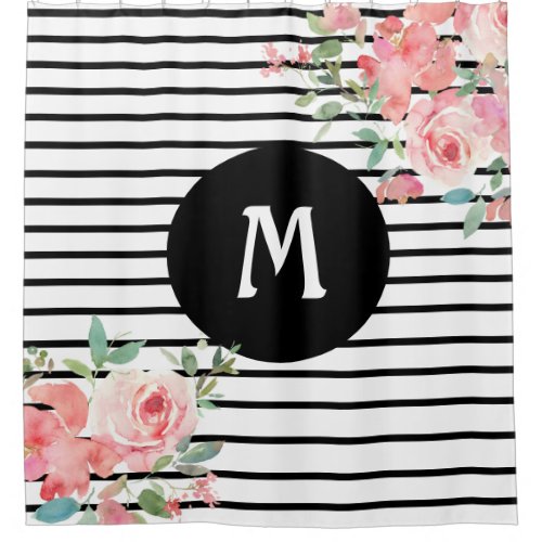Floral Flowers Black and White  Shower Curtain