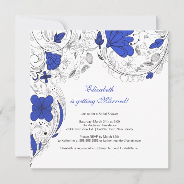 Floral Flowers Bridal Shower Invitation Royal Blue (Front)