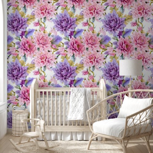 Floral flowers collage wall mural pink purple chic wallpaper 