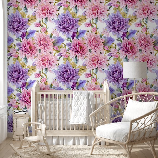 Floral flowers collage wall mural pink purple chic wallpaper  (Kids)