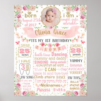 Floral Flowers First Birthday Sign With Photo by 10x10us at Zazzle