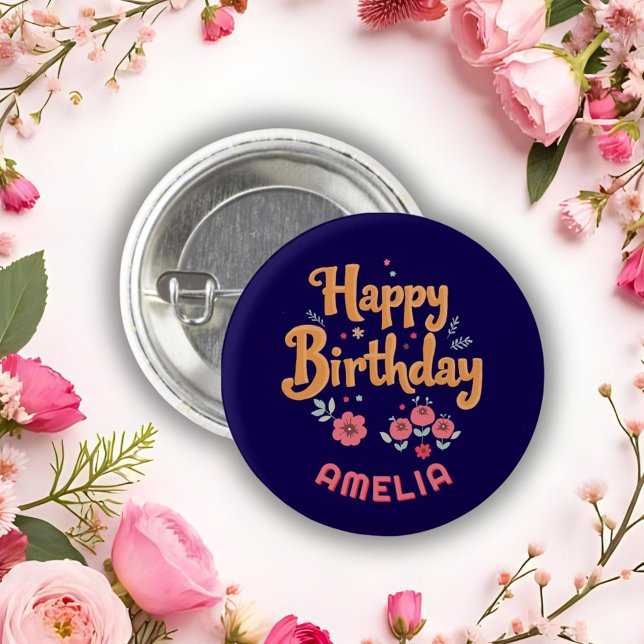 Floral Flowers Happy Birthday Handlettering Button (Creator Uploaded)