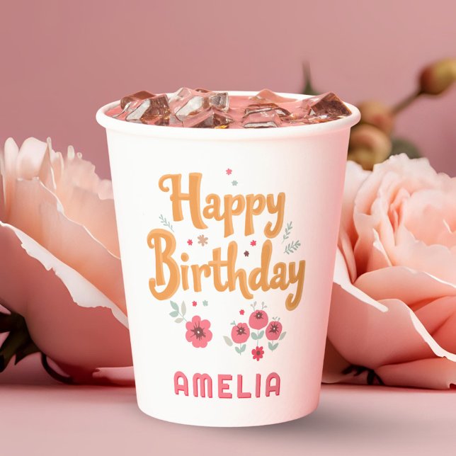 Floral Flowers Happy Birthday Handlettering Paper Cups (Creator Uploaded)