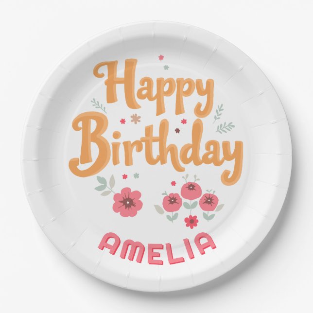 Floral Flowers Happy Birthday Handlettering Paper Plates (Front)
