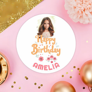 Floral Flowers Happy Birthday Handlettering Photo Classic Round Sticker