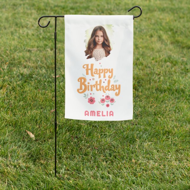 Floral Flowers Happy Birthday Handlettering Photo  Garden Flag (In SItu)