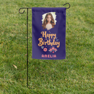 Floral Flowers Happy Birthday Handlettering Photo  Garden Flag