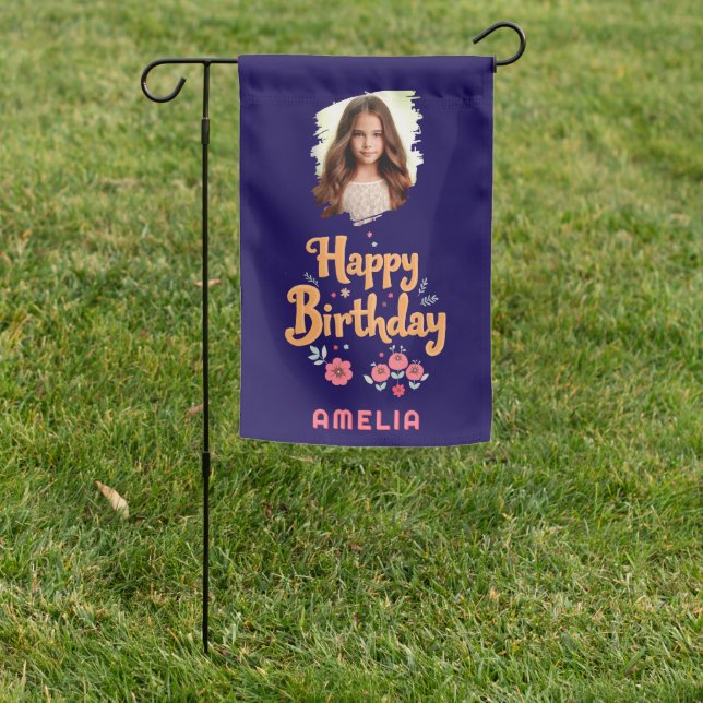 Floral Flowers Happy Birthday Handlettering Photo  Garden Flag (In SItu)