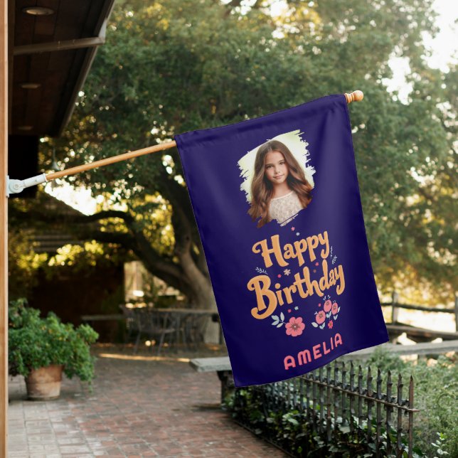 Floral Flowers Happy Birthday Handlettering Photo  House Flag (In SItu)