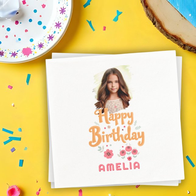 Floral Flowers Happy Birthday Handlettering Photo  Napkins (Creator Uploaded)