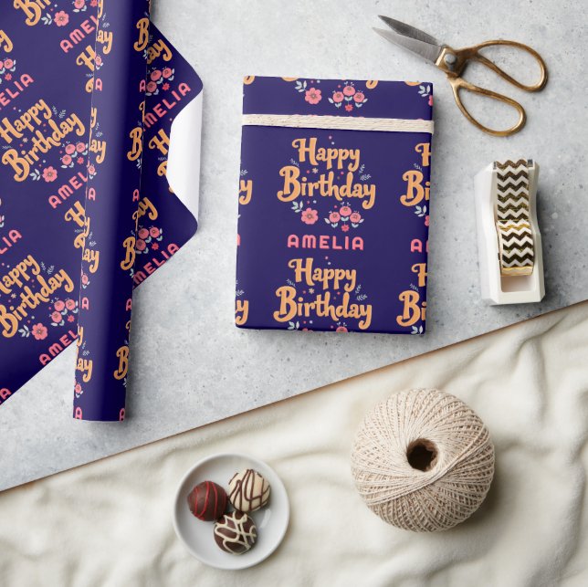 Floral Flowers Happy Birthday Handlettering Wrapping Paper (Crafts)