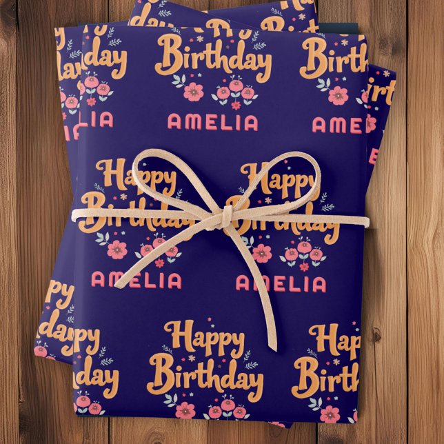 Floral Flowers Happy Birthday Handlettering Wrapping Paper Sheets (Creator Uploaded)