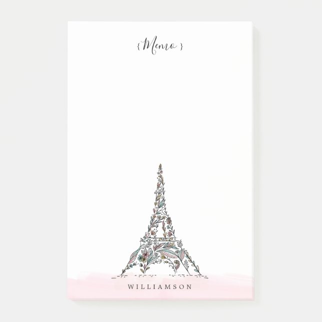 Floral Flowers Paris Eiffel Tower Personalized Post-it Notes (Front)