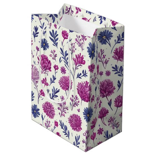 Floral Flowers Pattern Repetitive Purple Blue  Medium Gift Bag
