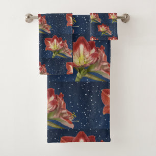 Floral Flowers Pink Red Blue Variegated Amaryllis Bath Towel Set