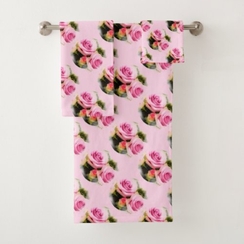Floral Flowers Pink Roses Modern Elegant Template Bath Towel Set