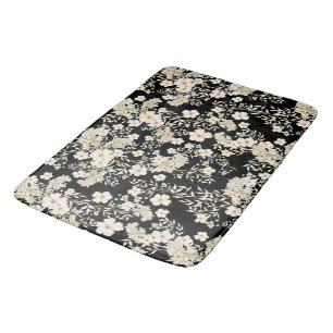 Floral Flowers Wildflowers Leaves Black Background Bath Mat