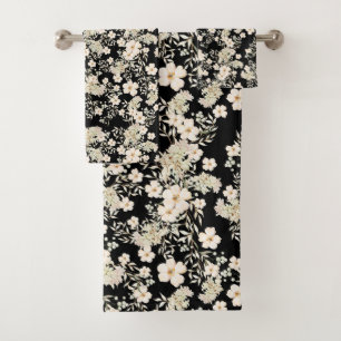 Floral Flowers Wildflowers Leaves Black Background Bath Towel Set