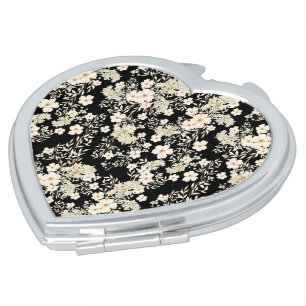 Floral Flowers Wildflowers Leaves Black Background Compact Mirror