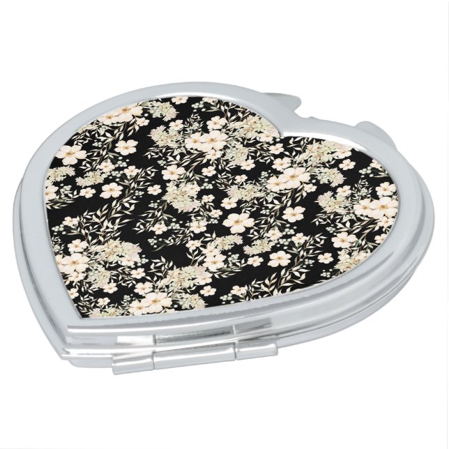 Floral Flowers Wildflowers Leaves Black Background Compact Mirror (Turned)