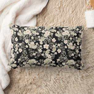 Floral Flowers Wildflowers Leaves Black Background Lumbar Pillow
