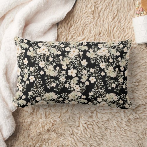 Floral Flowers Wildflowers Leaves Black Background Lumbar Pillow