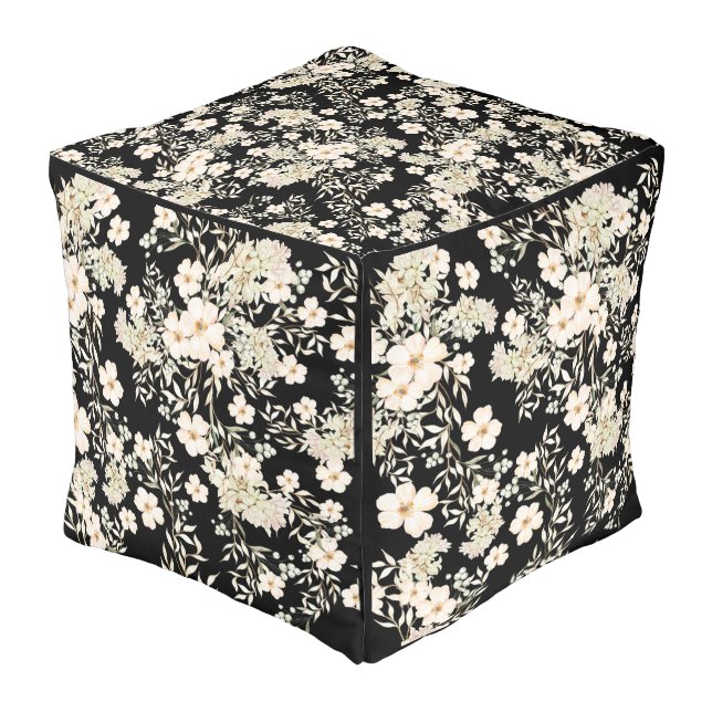 Floral Flowers Wildflowers Leaves Black Background Pouf (Angled Back)
