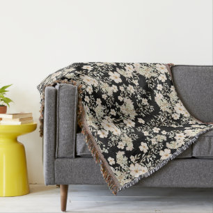 Floral Flowers Wildflowers Leaves Black Background Throw Blanket