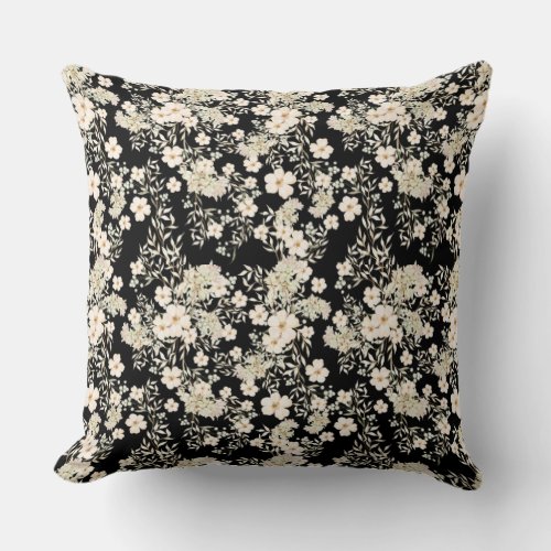 Floral Flowers Wildflowers Leaves Black Background Throw Pillow