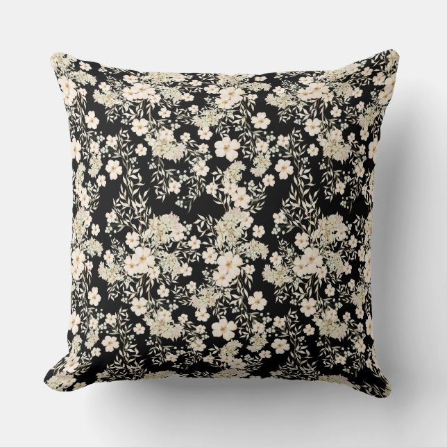 Floral Flowers Wildflowers Leaves Black Background Throw Pillow (Front)