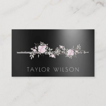Floral Flute On Black Teacher Business Card by musickitten at Zazzle