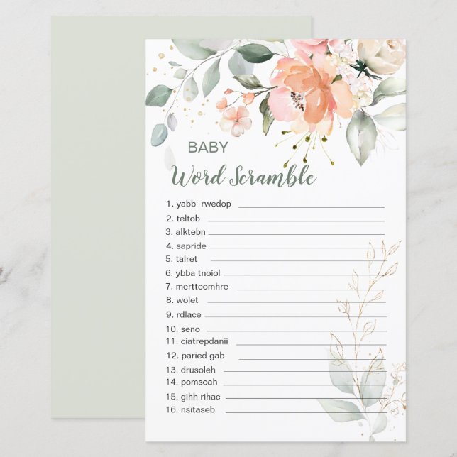 Floral Foliage Baby Word Scramble Game Paper Sheet (Front/Back)