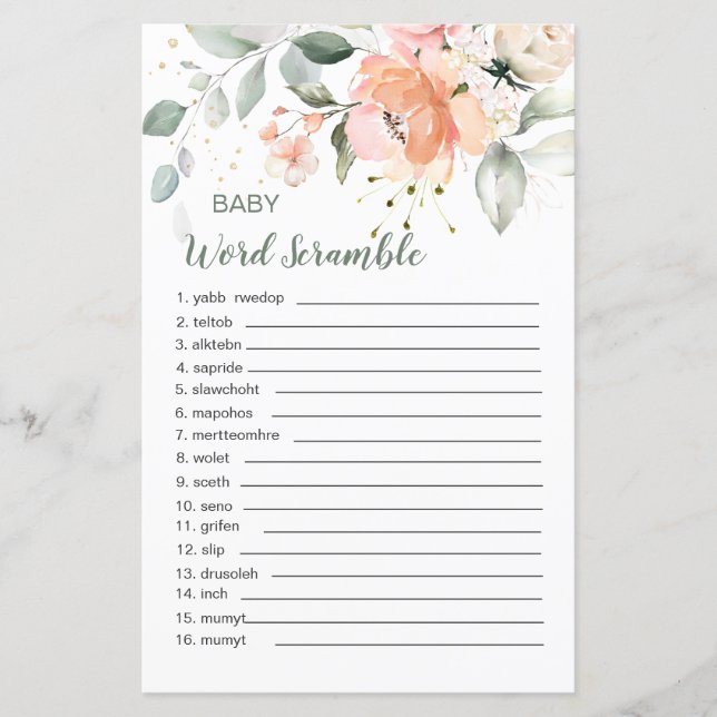 Floral Foliage Baby Word Scramble Game Paper Sheet (Front)