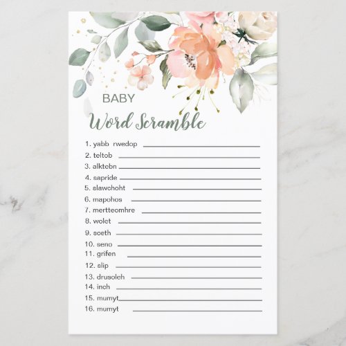 Floral Foliage Baby Word Scramble Game Paper Sheet