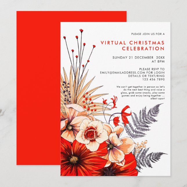 Floral Foliage Berries Virtual Christmas Party Invitation (Front/Back)
