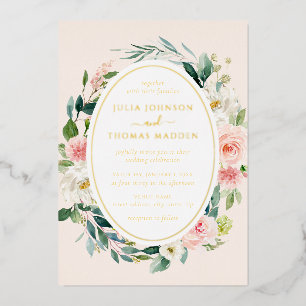 Floral Foliage Blush Gold Wedding Foil Invitation