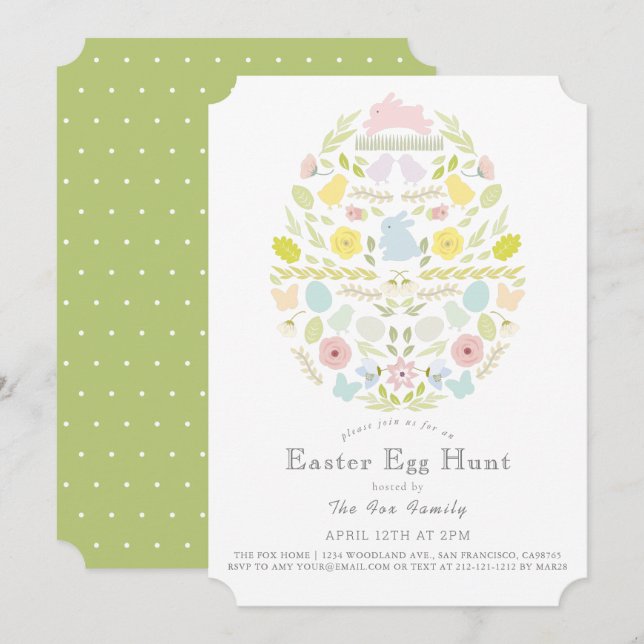 Floral Foliage Bunny Green Easter Egg Hunt Invitation (Front/Back)