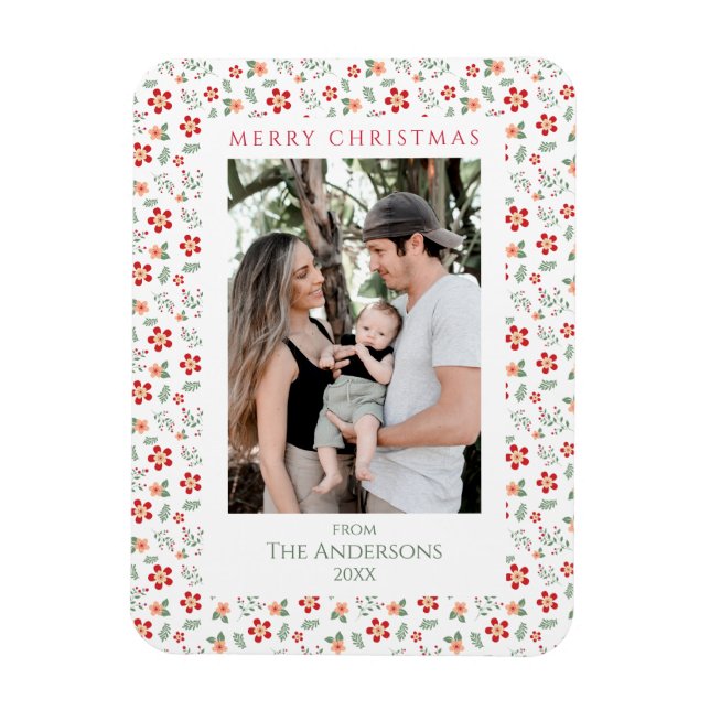 Floral Foliage Elegant Christmas Photo Magnet (Vertical)