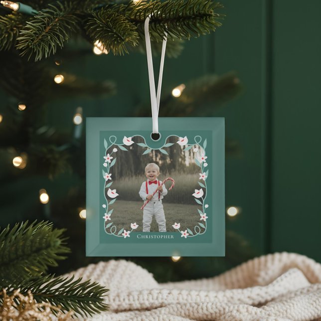 Floral Foliage Elegant Green Photo Name Keepsake Glass Ornament (Floral Foliage Elegant Green Photo Name Keepsake Glass Ornamen)