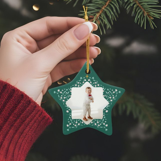Floral Foliage Elegant Green Star 2 Photo Keepsake Ceramic Ornament (Floral Foliage Elegant Green Star 2 Photo Keepsake Ceramic Ornament)
