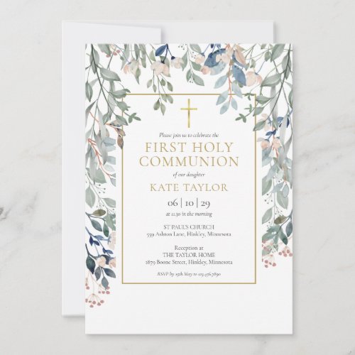 Floral Foliage First Holy Communion Invitation