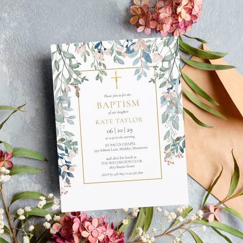 Floral Foliage Gold Cross Baptism Christening Invitation Postcard