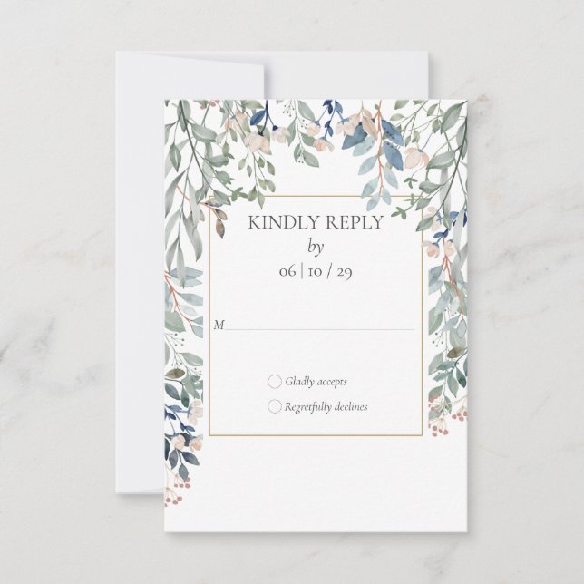 Floral Foliage Gold Geometric Wedding RSVP Card (Front)