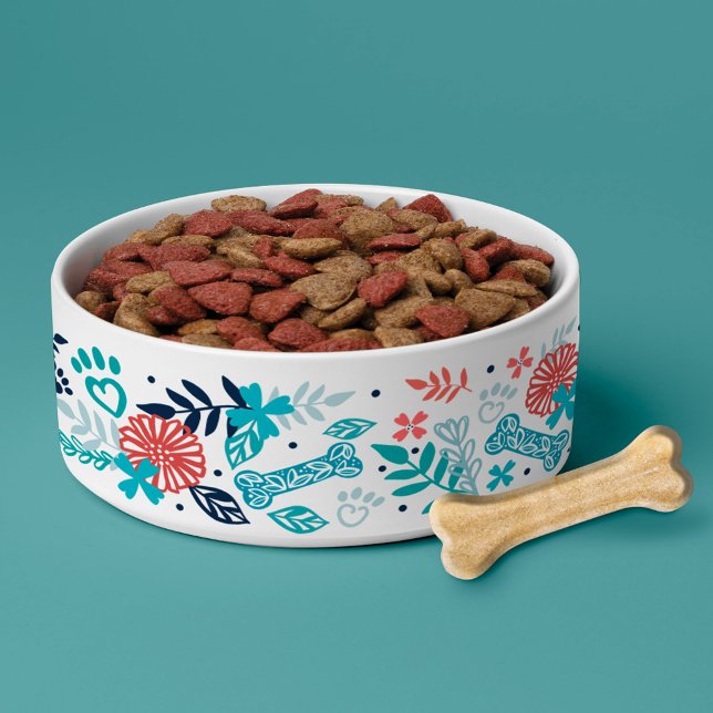 Floral & Foliage Pet Paw, Dog Bone Print Pattern Bowl (Creator Uploaded)