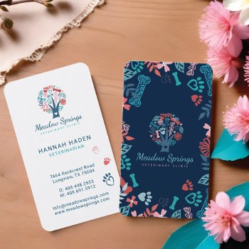 Floral & Foliage Pet Paw Print Pattern Tree Navy Business Card by moodthology at Zazzle